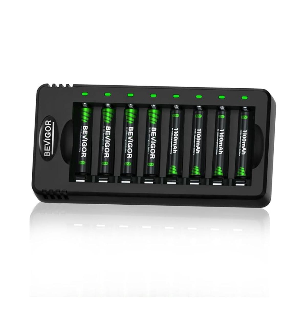 BEVIGOR AAA Rechargeable Batteries 8 Pcs 1100mAh with 8-slot AA AAA Battery Charger, 5V 2A Fast Charging Function