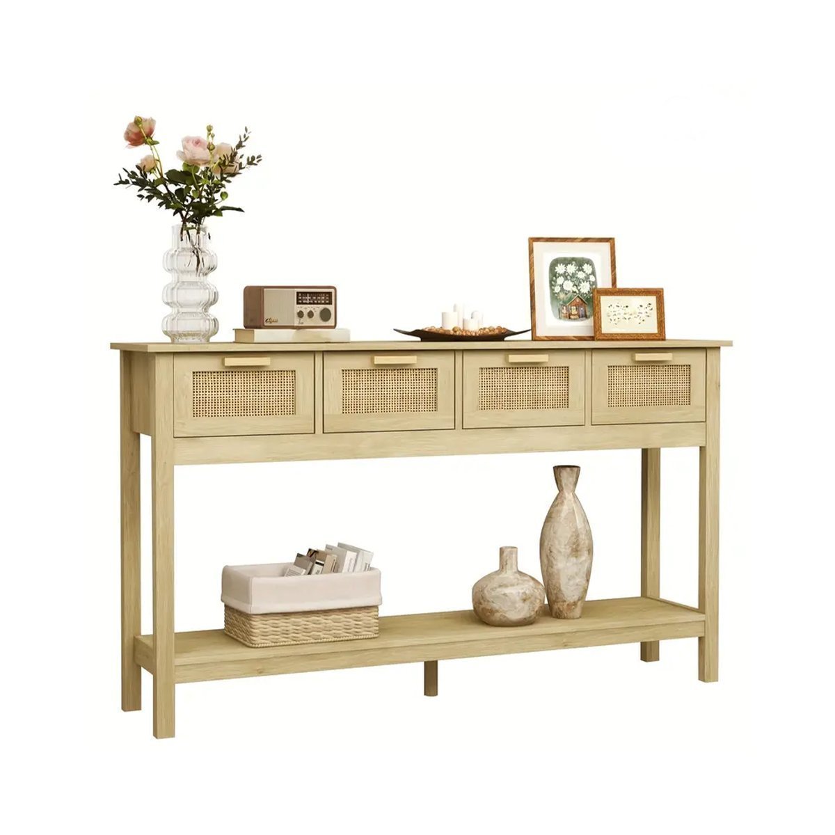 TYBOATLE 56" Rattan Console Table Narrow Entryway Table With 4 Drawers And Storage Shelves