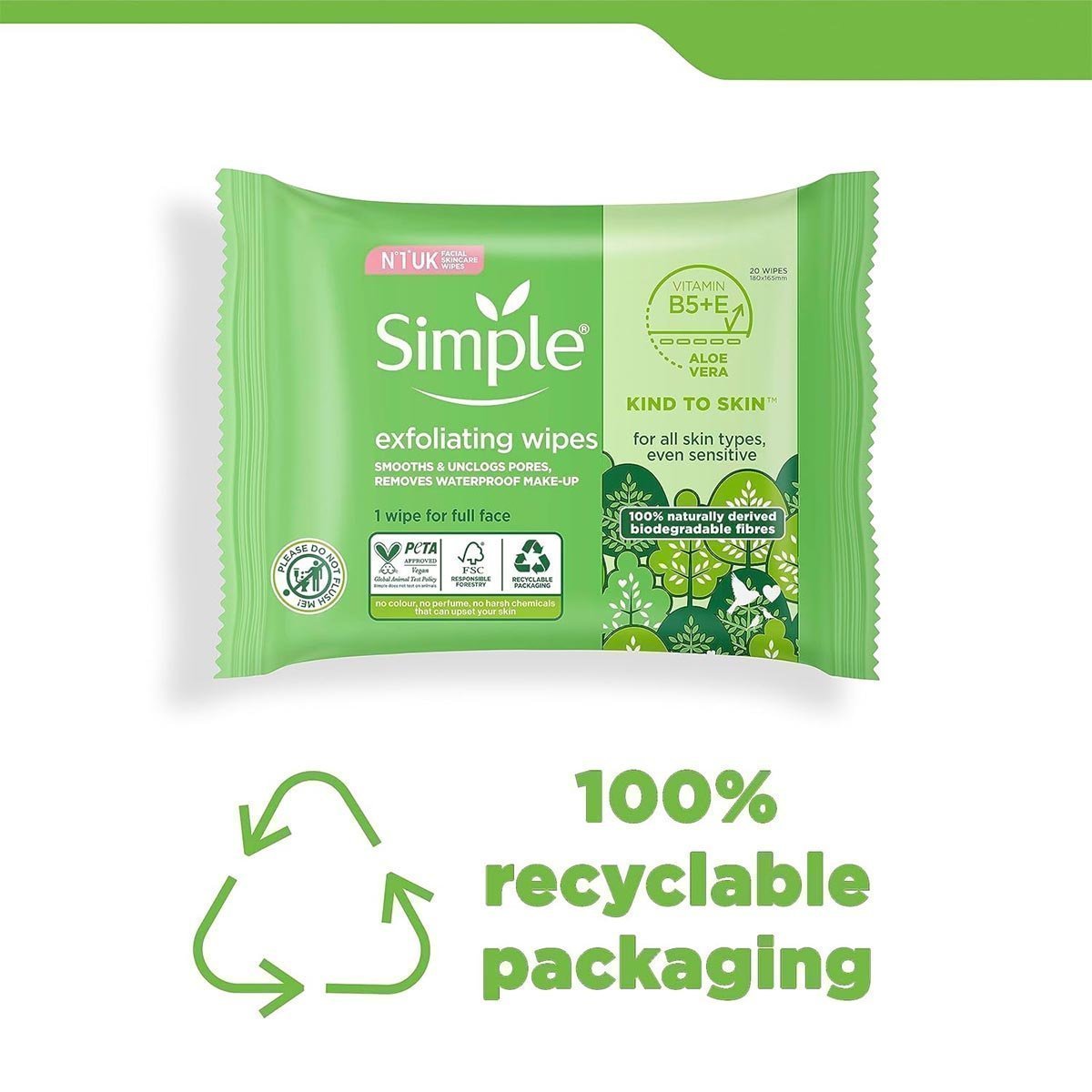 Simple biodegradable Exfoliating Face Wipes cleansing wipes to smooth skin and unclog pores for sensitive skin 20 wipes - Image 2