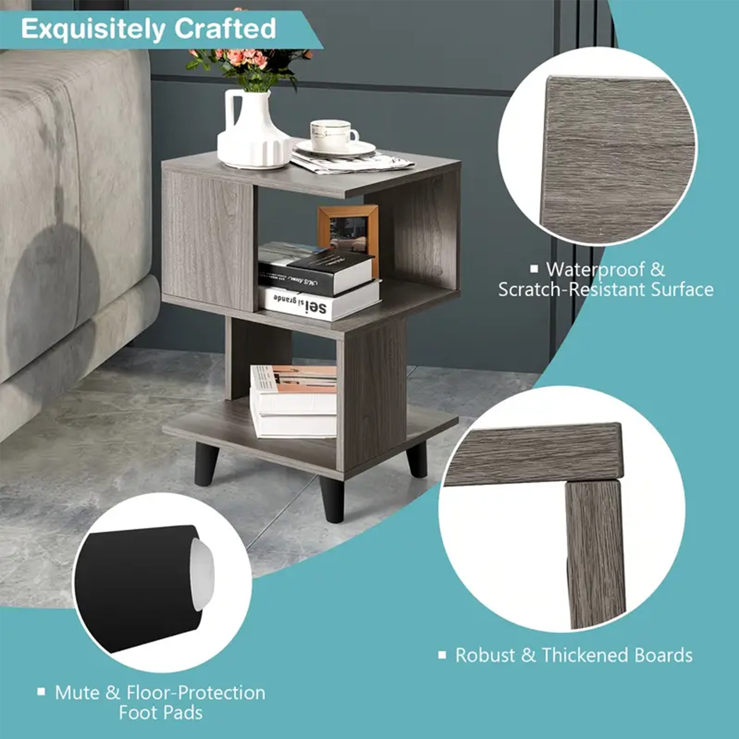2pcs Nightstand Set, Modern Side End Table, Storage Shelf, Grey - Image 3