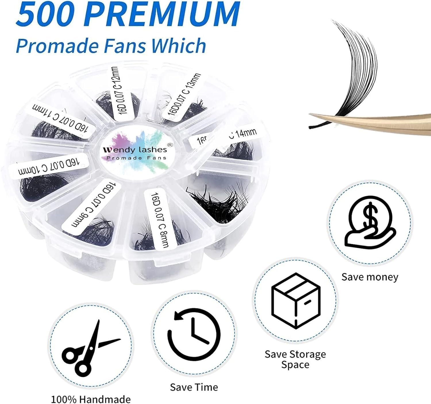 Pre Made Fan Eyelash Extensions 16D 0.07mm D Curl 500 Fans 9-16mm, (500-16D-0.07-D-916) - Image 2