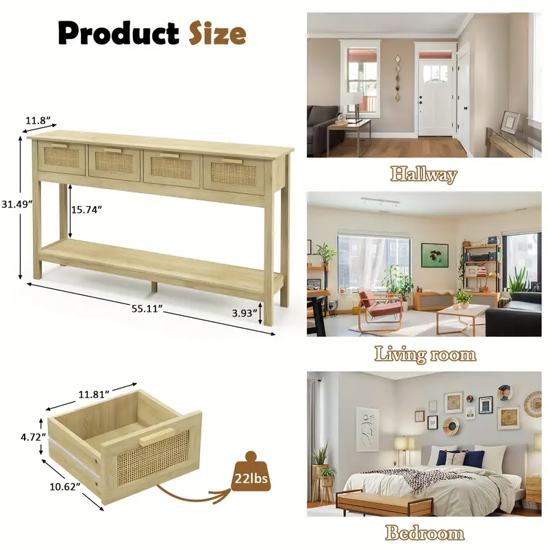 TYBOATLE 56" Rattan Console Table Narrow Entryway Table With 4 Drawers And Storage Shelves - Image 2