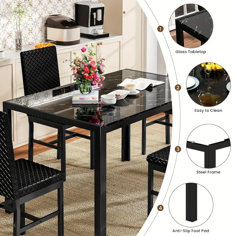 Modern Luxurious Style 5 Pieces Dining Room Table Set, 5-Piece Dining Table Bar Table Set with Tempered Glass Tabletop - Image 4