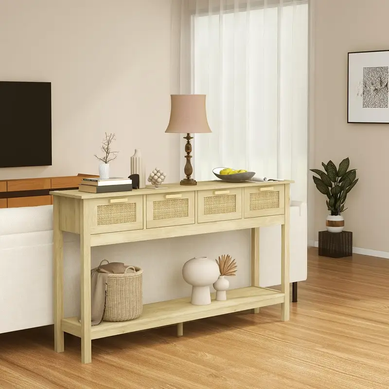 TYBOATLE 56" Rattan Console Table Narrow Entryway Table With 4 Drawers And Storage Shelves - Image 4
