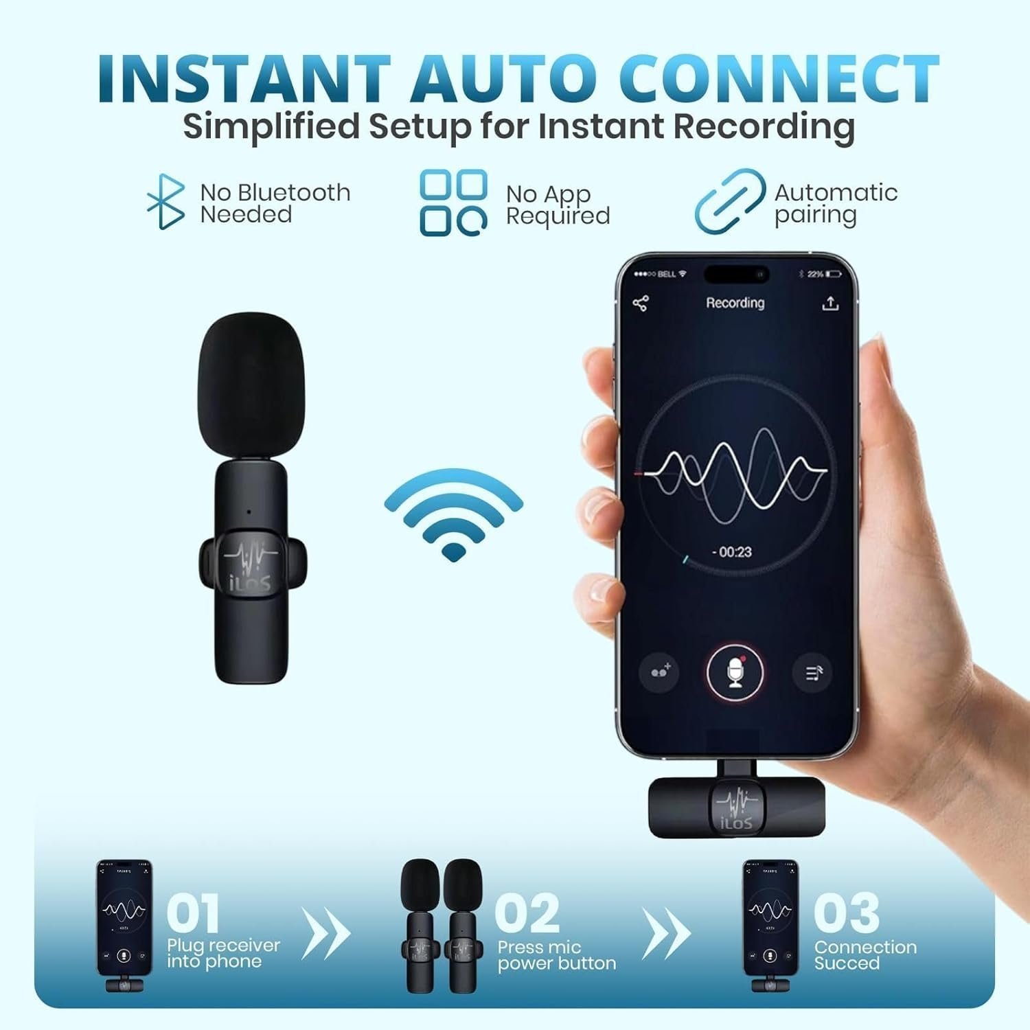 ILOS Wireless Lavalier Microphone for Android Clip-On Mic, Noise Reduction, 65ft Range, 8H Battery, Bluetooth, Plug & Play - Ideal for Vlogging, YouTube, Podcasts, Interviews - Image 4