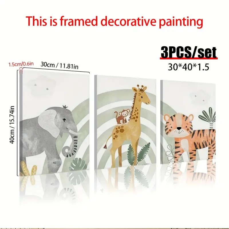 Cute Safari Animal Framed Canvas Wall Art Set, Jungle Theme Watercolor Nursery Wall Art Prints - Image 4