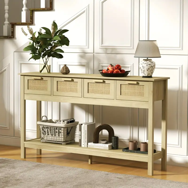 TYBOATLE 56" Rattan Console Table Narrow Entryway Table With 4 Drawers And Storage Shelves - Image 3