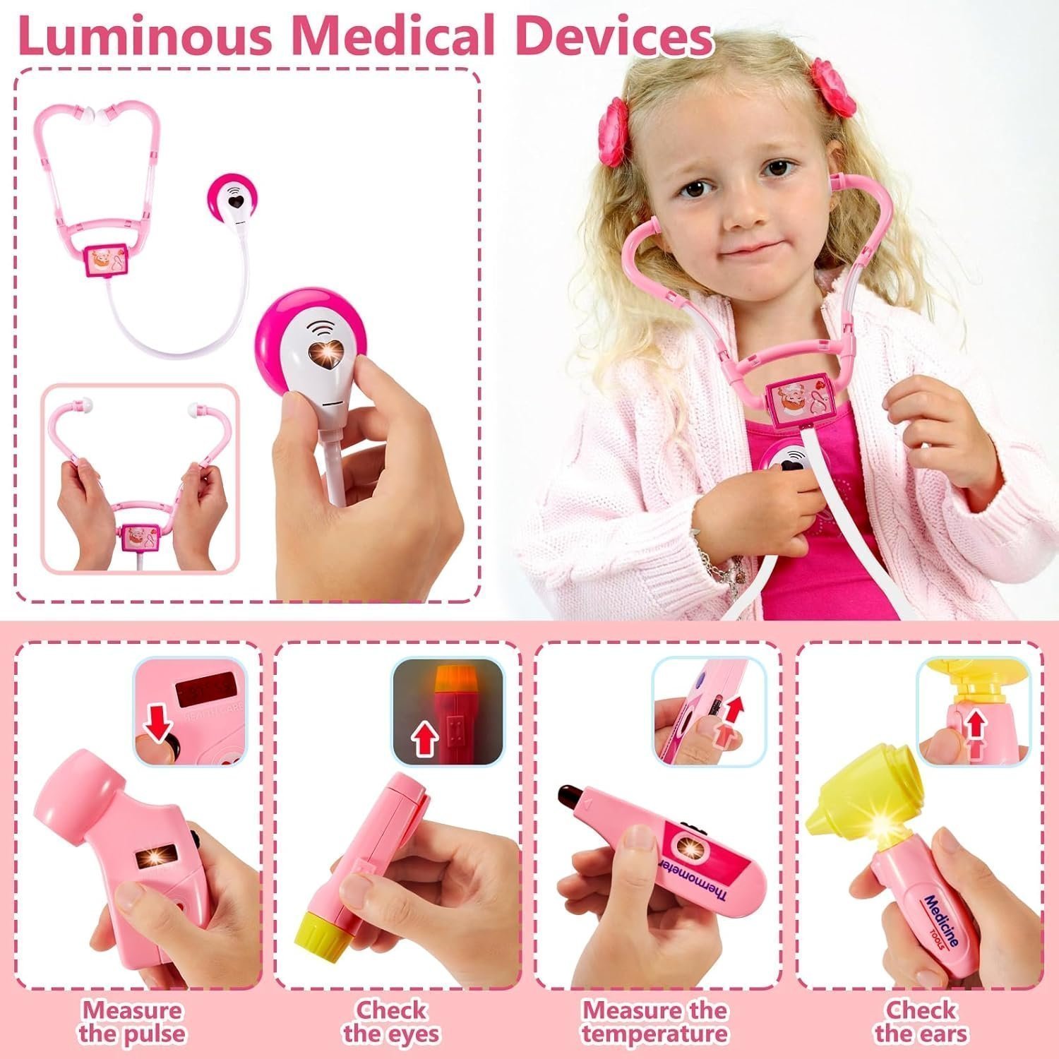 HERSITY Kids Doctors Kit Toy Medical Playset Nurses Costume Role Play Dentist Set with Carry Case Gifts for 3 4 5 6 Years Old Girls - Image 3