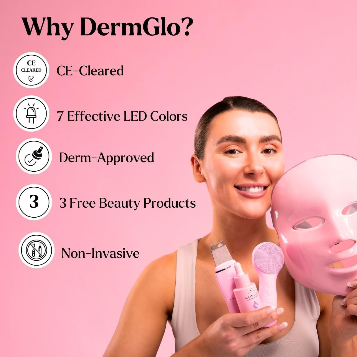 LED Face Mask Light Therapy Premium Spa Kit (4 Pcs) - With Ultrasonic Scrubber, Sonic Brush & Green Tea Serum - Image 4